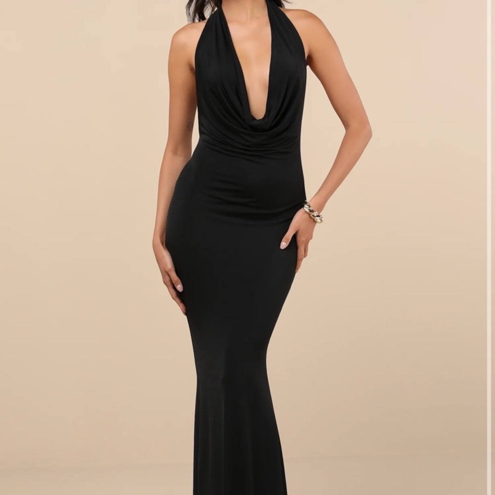 Lulu's Black One-Shoulder Cowl Halter Evening Gown